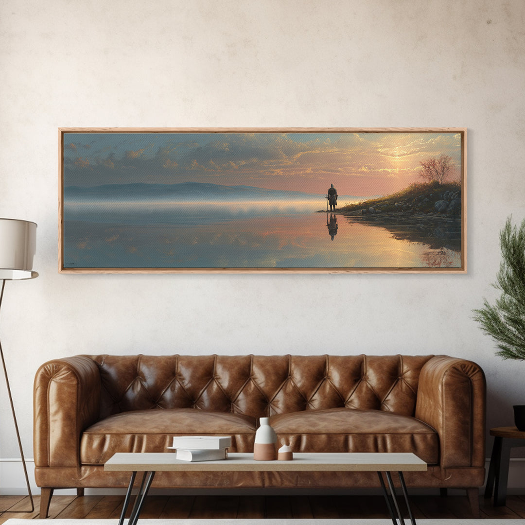 Knight Standing At Lakeside Reflective Water Realistic Landscape Oil Painting Canvas Print