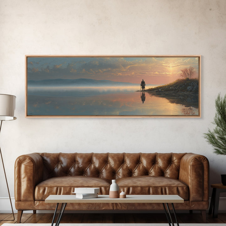 Knight Standing At Lakeside Reflective Water Realistic Landscape Oil Painting Canvas Print