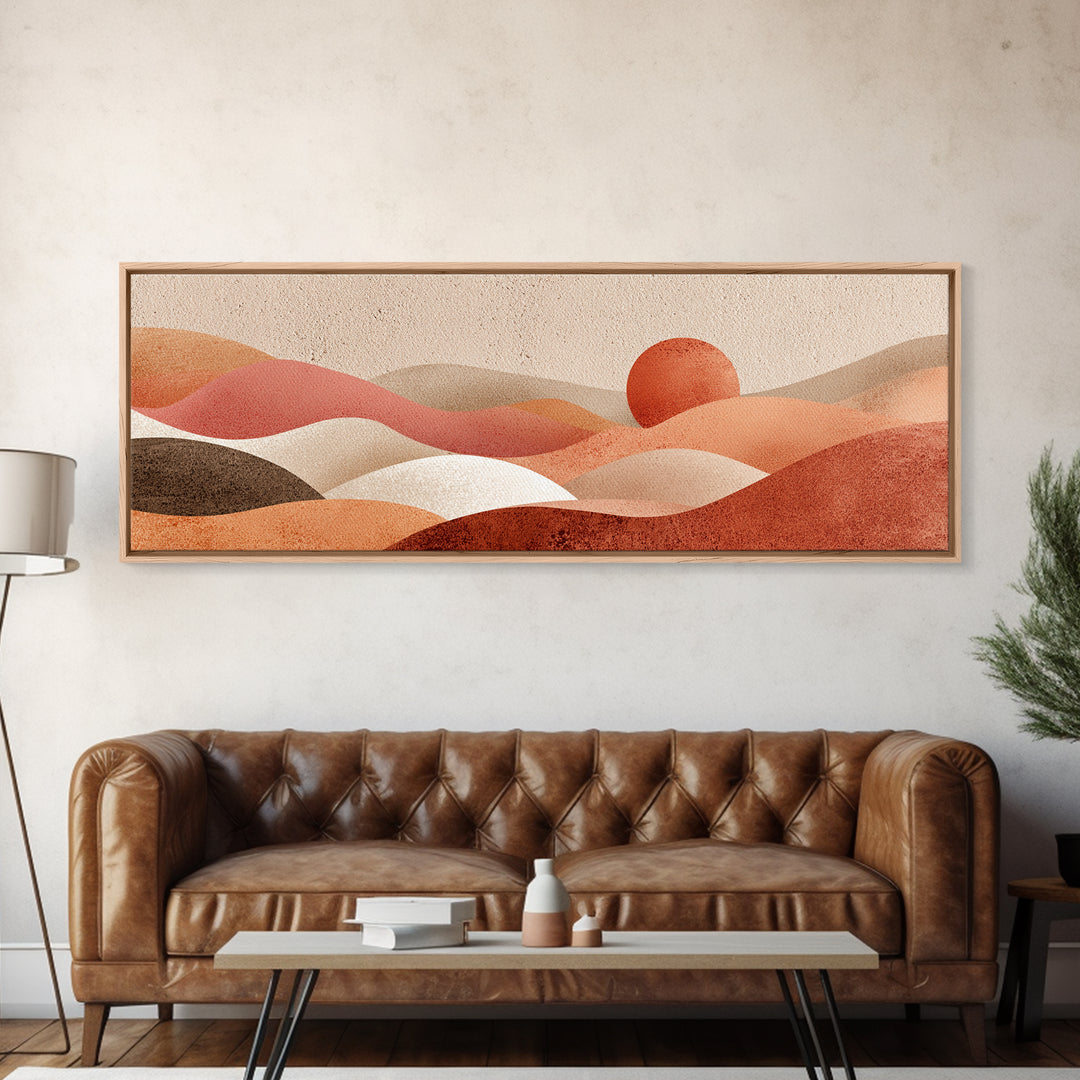 Soft Rolling Hills And Red Sun Wall Art, Abstract Landscape Canvas Print, Earth Tone Decor, Large Horizontal Living Room Art