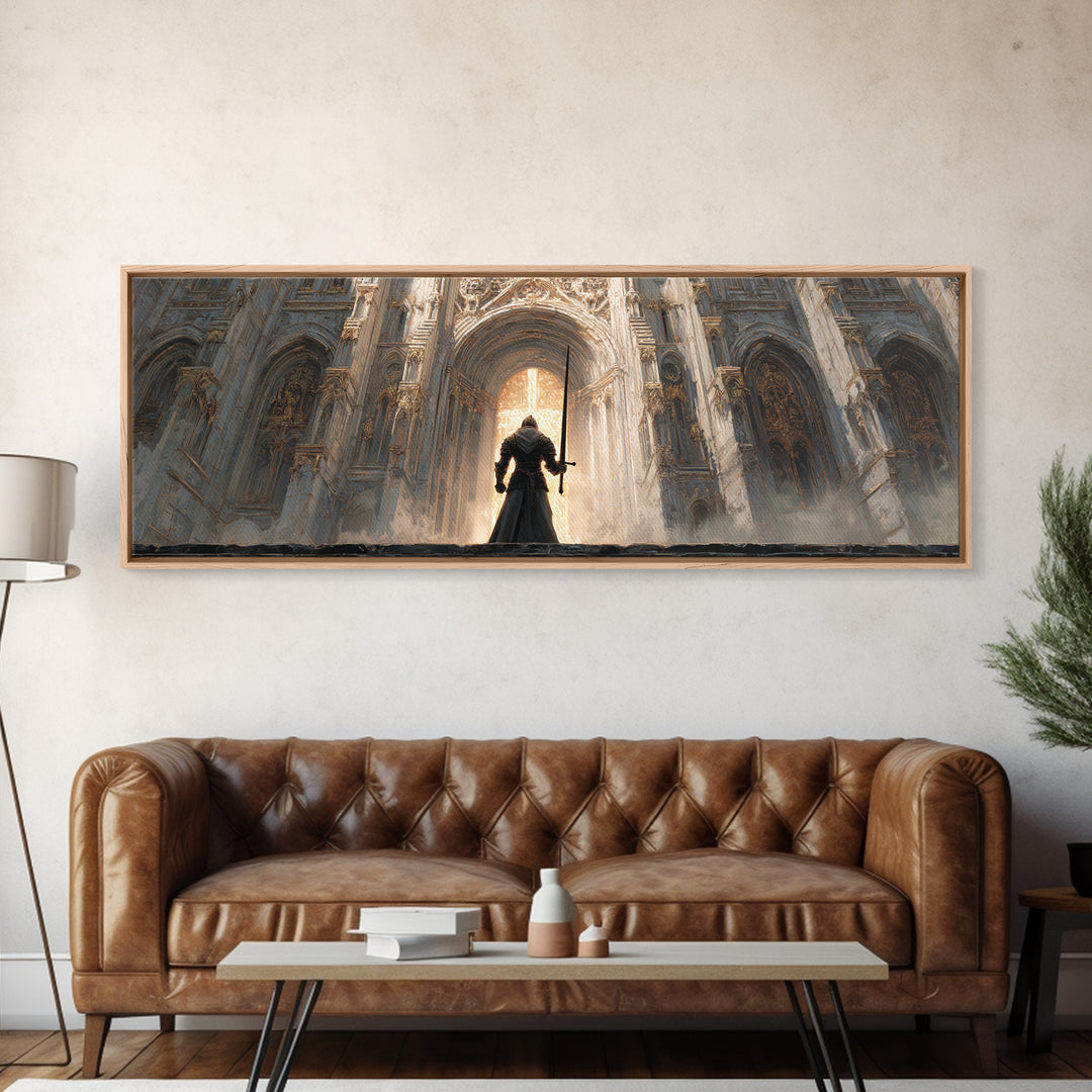 Epic Knight Standing Before Illuminated Cathedral Entrance Wall Art Framed Canvas Print For Dramatic Home Decor Gift