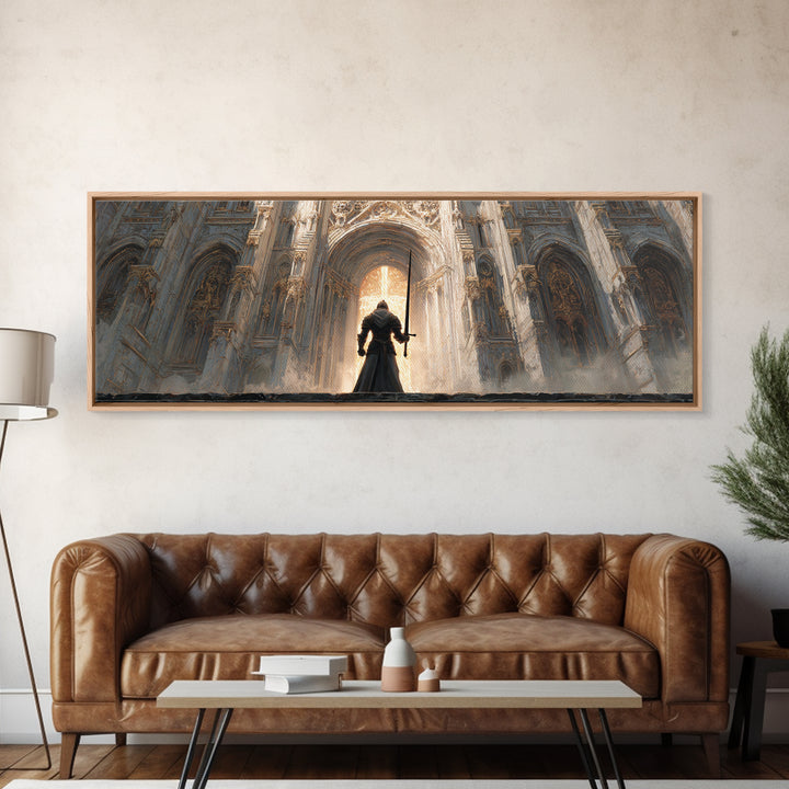 Epic Knight Standing Before Illuminated Cathedral Entrance Wall Art Framed Canvas Print For Dramatic Home Decor Gift