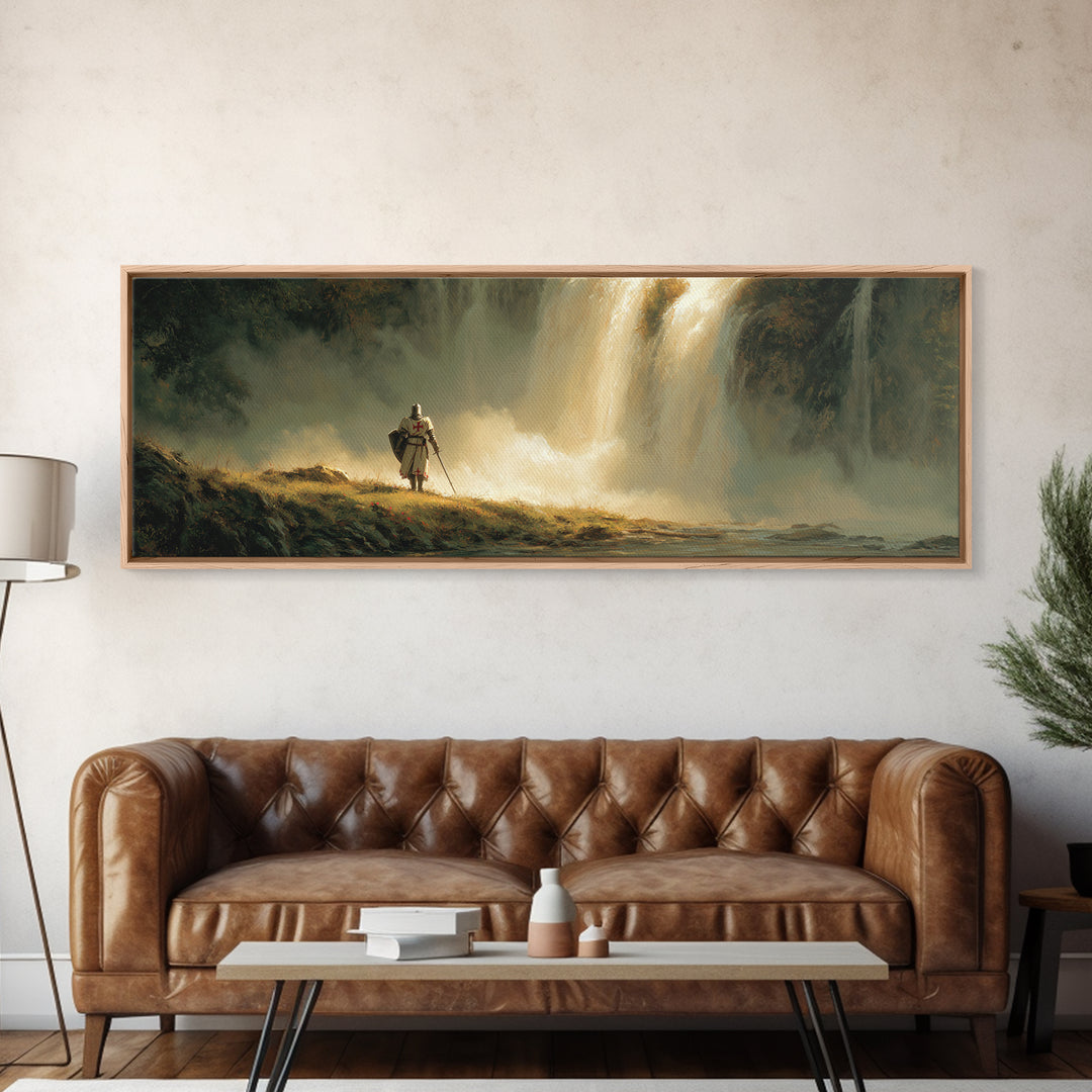 Medieval Knight Standing Near Waterfall Landscape Oil Painting Wall Art Canvas Print For Home Decor