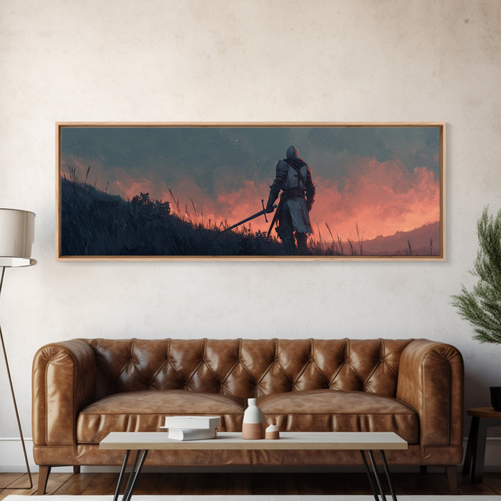 Brave Medieval Knight Staring At Fiery Sunset Holding Sword Canvas Print