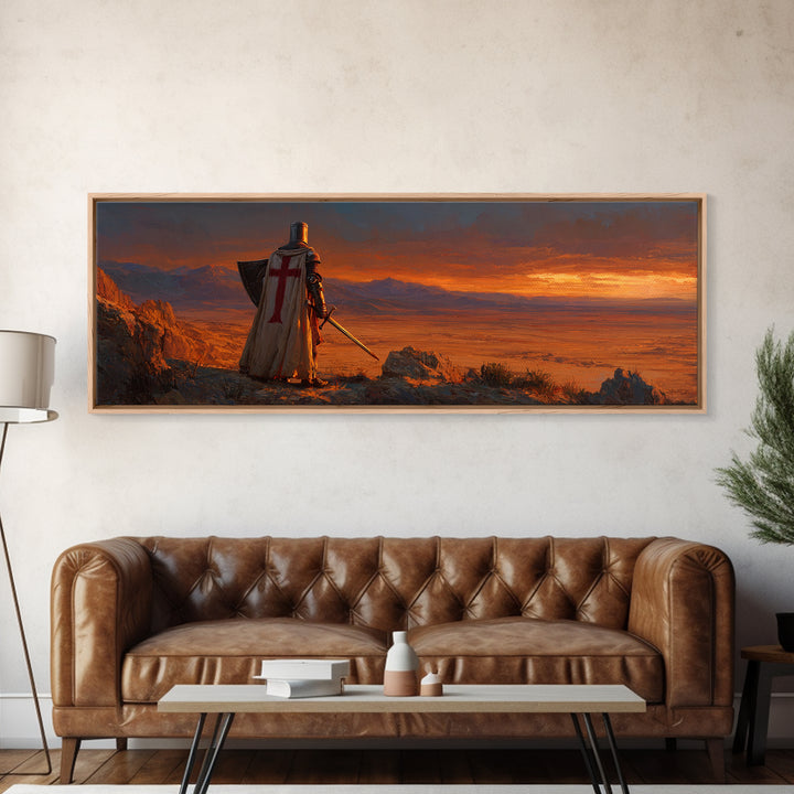 Medieval Knight Standing on Cliff Overlooking Sunset Dramatic Figurative Wall Art Oil Painting Canvas Print for Rustic Home Decor