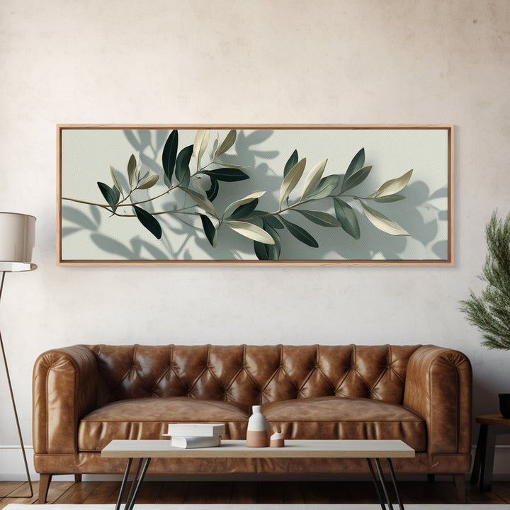 Olive Branch With Soft Shadows Wall Art, Minimalist Botanical Art Print, Sage Green Wall Decor, Modern Japandi Canvas Print