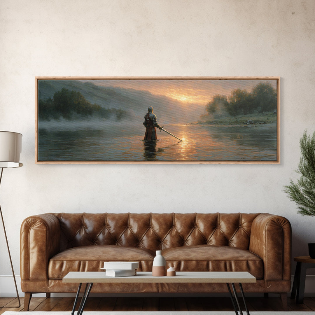 Knight Standing In Misty River At Sunrise With Sword Large Wall Art For Medieval Art Lovers