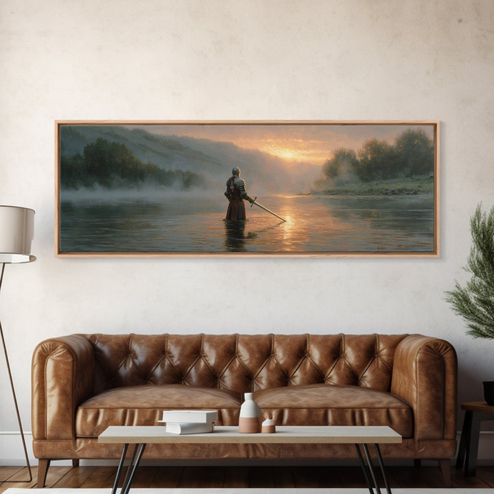 Knight Standing In Misty River At Sunrise With Sword Large Wall Art For Medieval Art Lovers