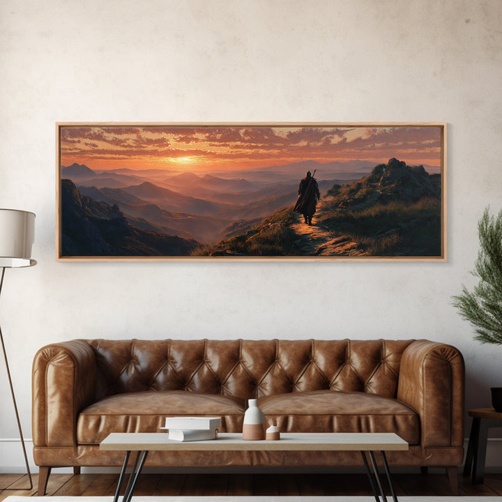 Medieval Knight Walking On Mountain Path At Sunset Dramatic Landscape Wall Art Framed Canvas Print For Fantasy Room Decor And Gifts