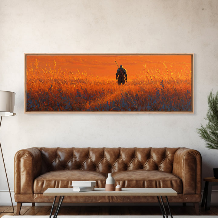 Epic Warrior Standing in Fiery Field Fantasy Painting Wall Art Framed Canvas Print with Dramatic Sky for Home and Office Decor