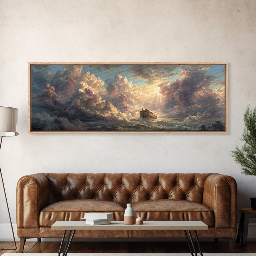 Epic Noah's Ark Floating On Stormy Sea With Divine Light Breaking Through Clouds Canvas Print