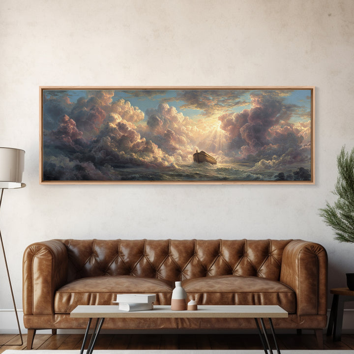 Epic Noah's Ark Floating On Stormy Sea With Divine Light Breaking Through Clouds Canvas Print