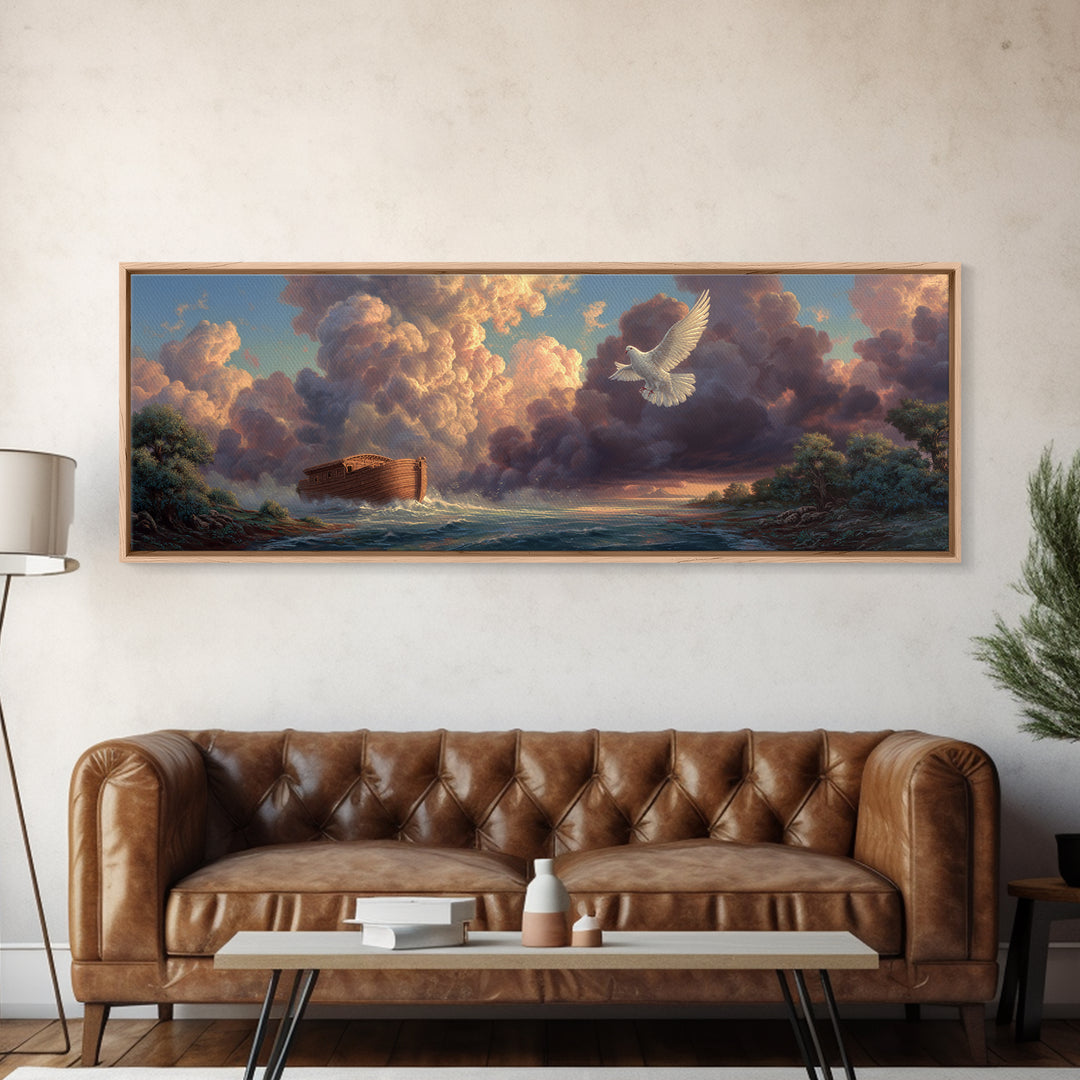 Serene Noahs Ark Ocean Landscape With Dove And Dramatic Sky Inspirational Wall Art Framed Canvas Print