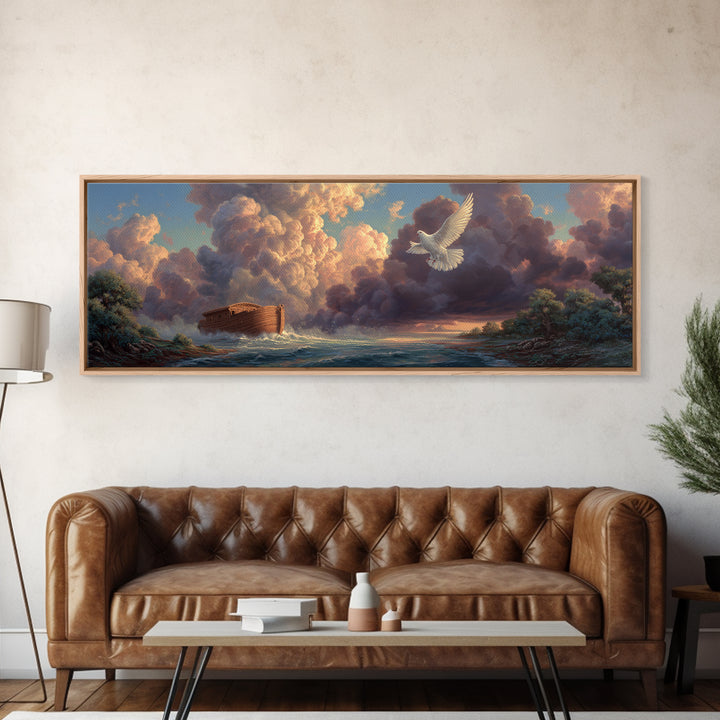 Serene Noahs Ark Ocean Landscape With Dove And Dramatic Sky Inspirational Wall Art Framed Canvas Print