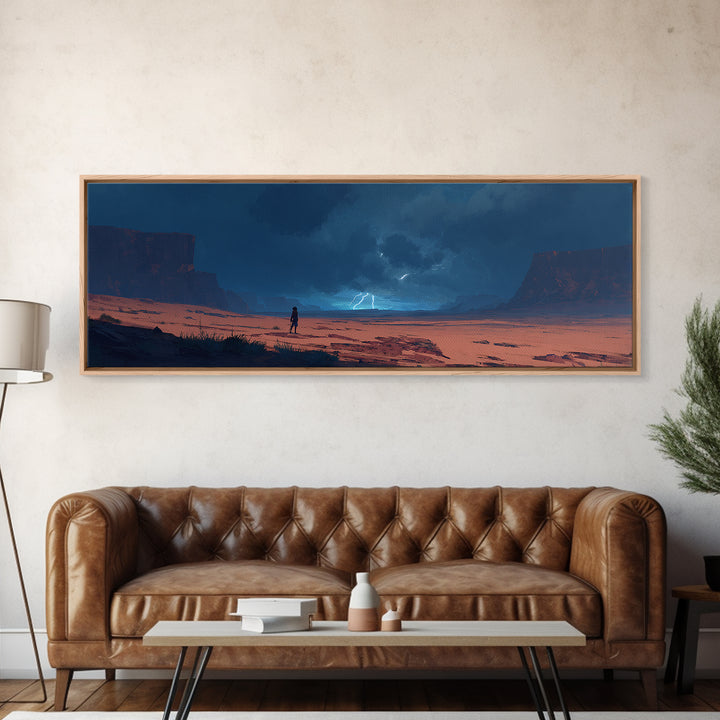 Moody Desert Landscape Lightning Storm Digital Painting Dramatic Wall Art Framed Canvas Print Modern Home Decor
