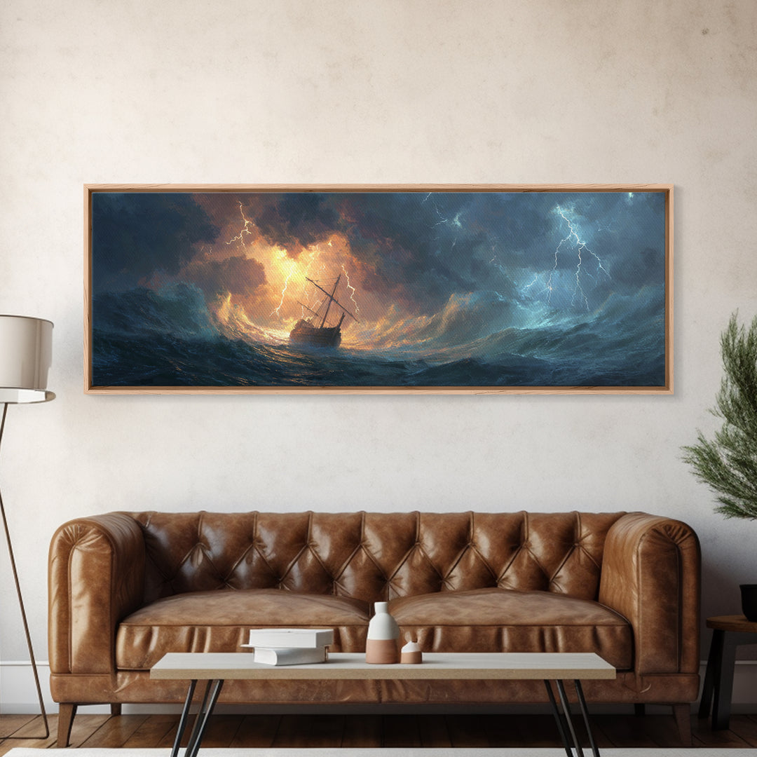 Stormy Ocean Ship In Lightning And Waves Painting Dramatic Seascape Wall Art Framed Canvas Print Perfect For Coastal Living Room Or Nautical Office Decor