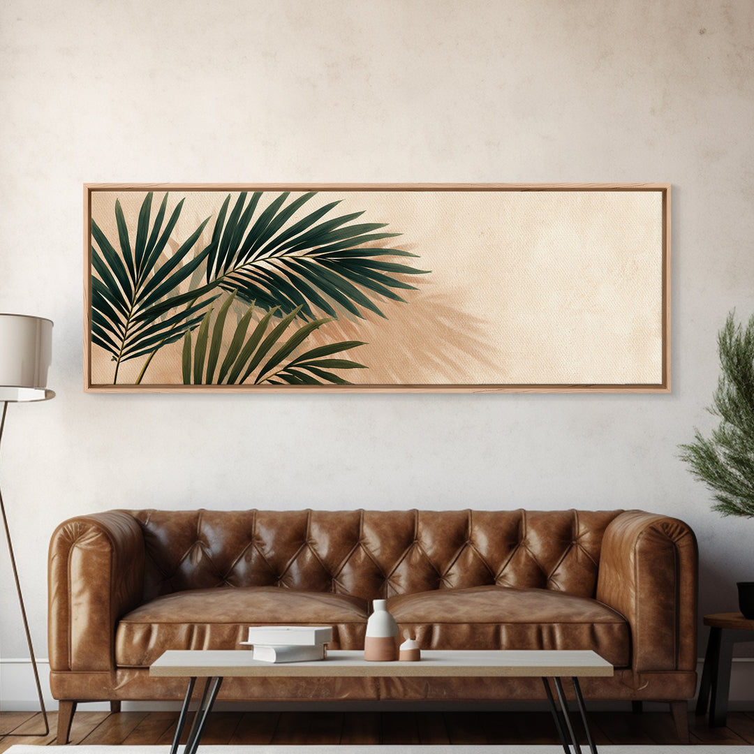 Tropical Palm Leaf Shadows Wall Art, Minimal Botanical Canvas Print, Coastal Boho Home Decor, Neutral Beige Living Room Art