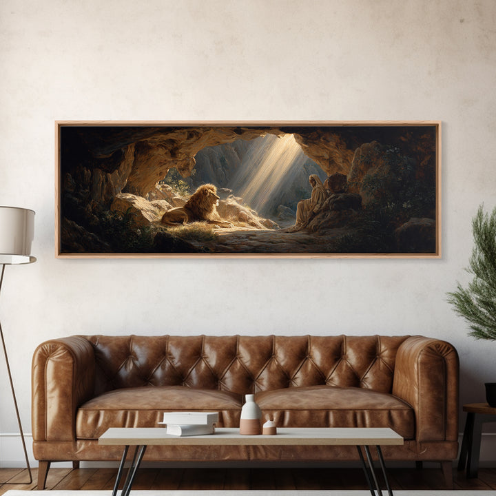 Sunlit Cave Scene With Lion And Sage Figure Painting Wall Art Framed Canvas Print For Mystical Home Decor