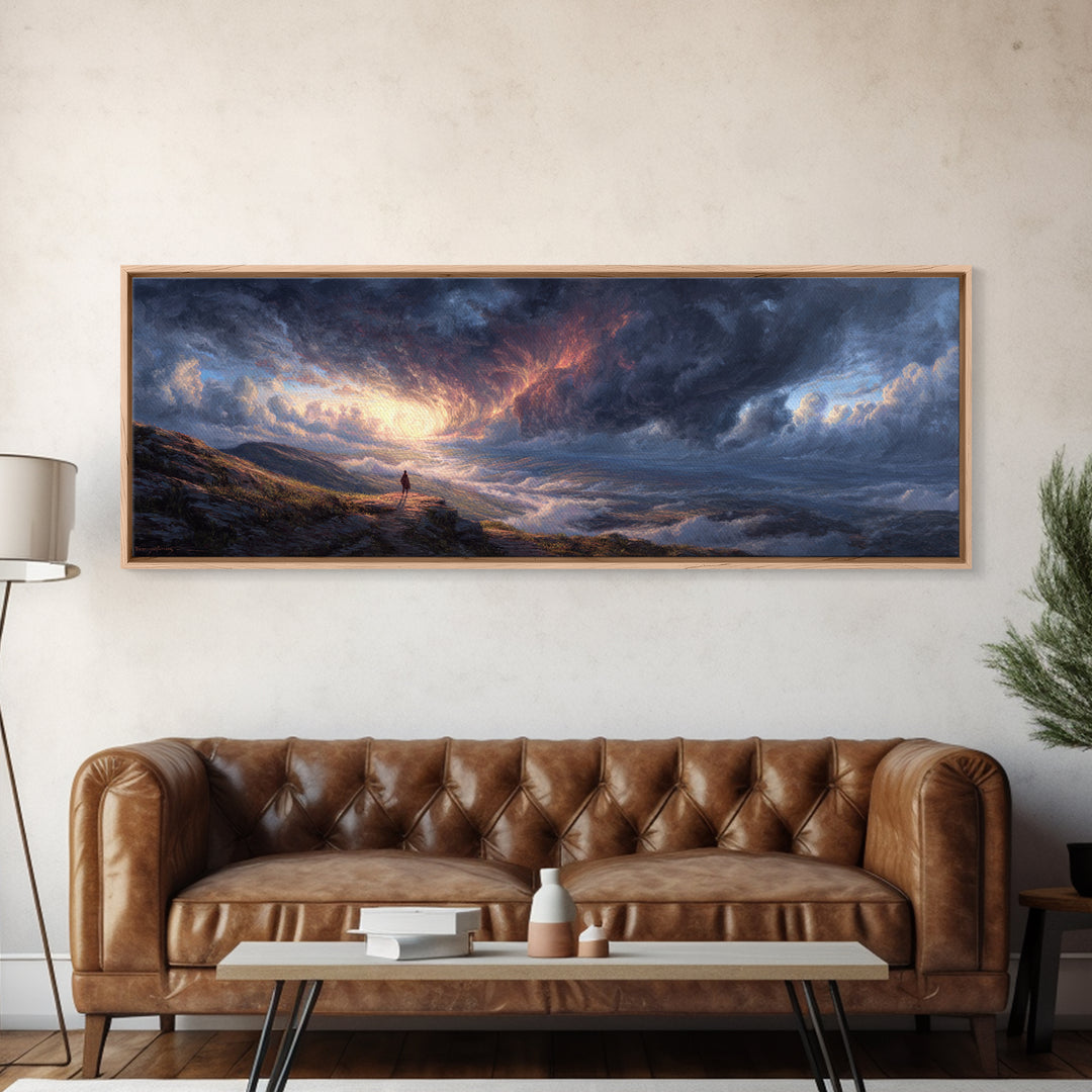 Moody Dramatic Ocean Sky Painting Wall Art Framed Canvas Print Landscape Art with Captivating Sunrise for Living Room and Office