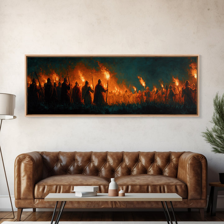 Moody Fiery Torch Lit Night Procession Painting Wall Art Framed Canvas Print For Medieval Dark Romantic And Gothic Decor