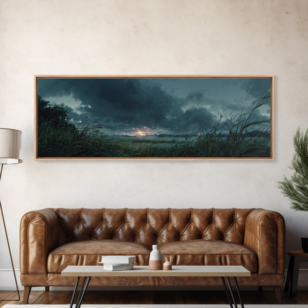 Dramatic Stormy Landscape Digital Painting With Lush Grasses and Dark Clouds Sunset Scene Canvas Print