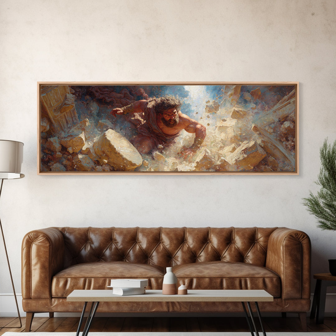 Strong Mythological Giant Breaking Rocks Epic Fantasy Painting Wall Art Canvas Print