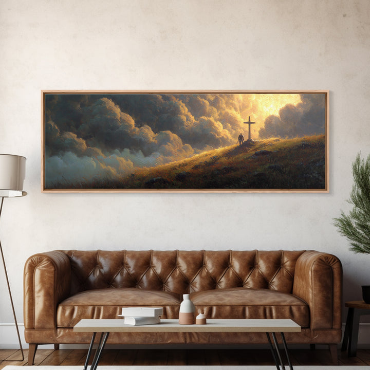 Mystical Knight Near Giant Cross Under Dramatic Sunset Clouds Fantasy Wall Art Canvas Print For Romantic And Spiritual Home Decor