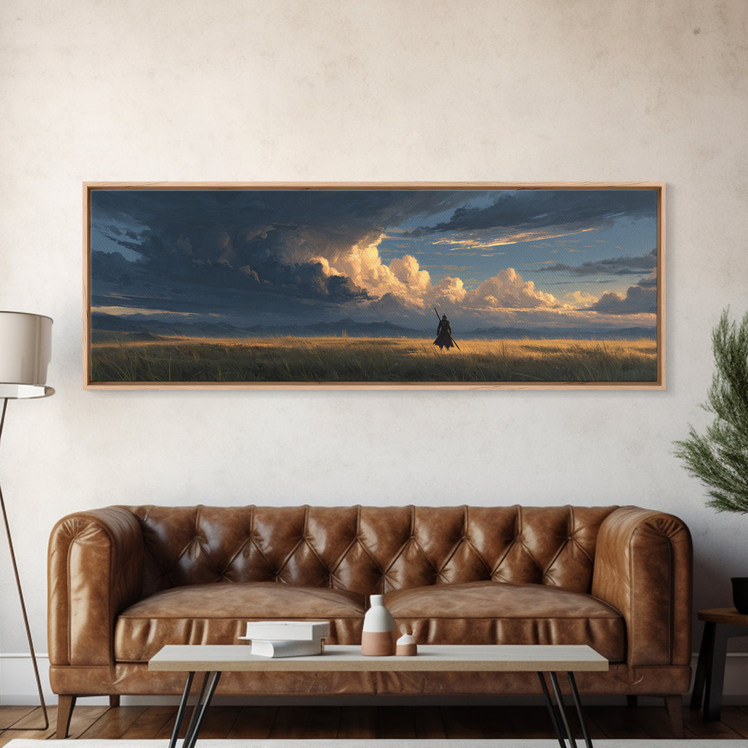 Knight In Field Under Dramatic Cloudscape Sunset Sky Wall Art Canvas Print For Rustic Living Room Decor And Gift For Him