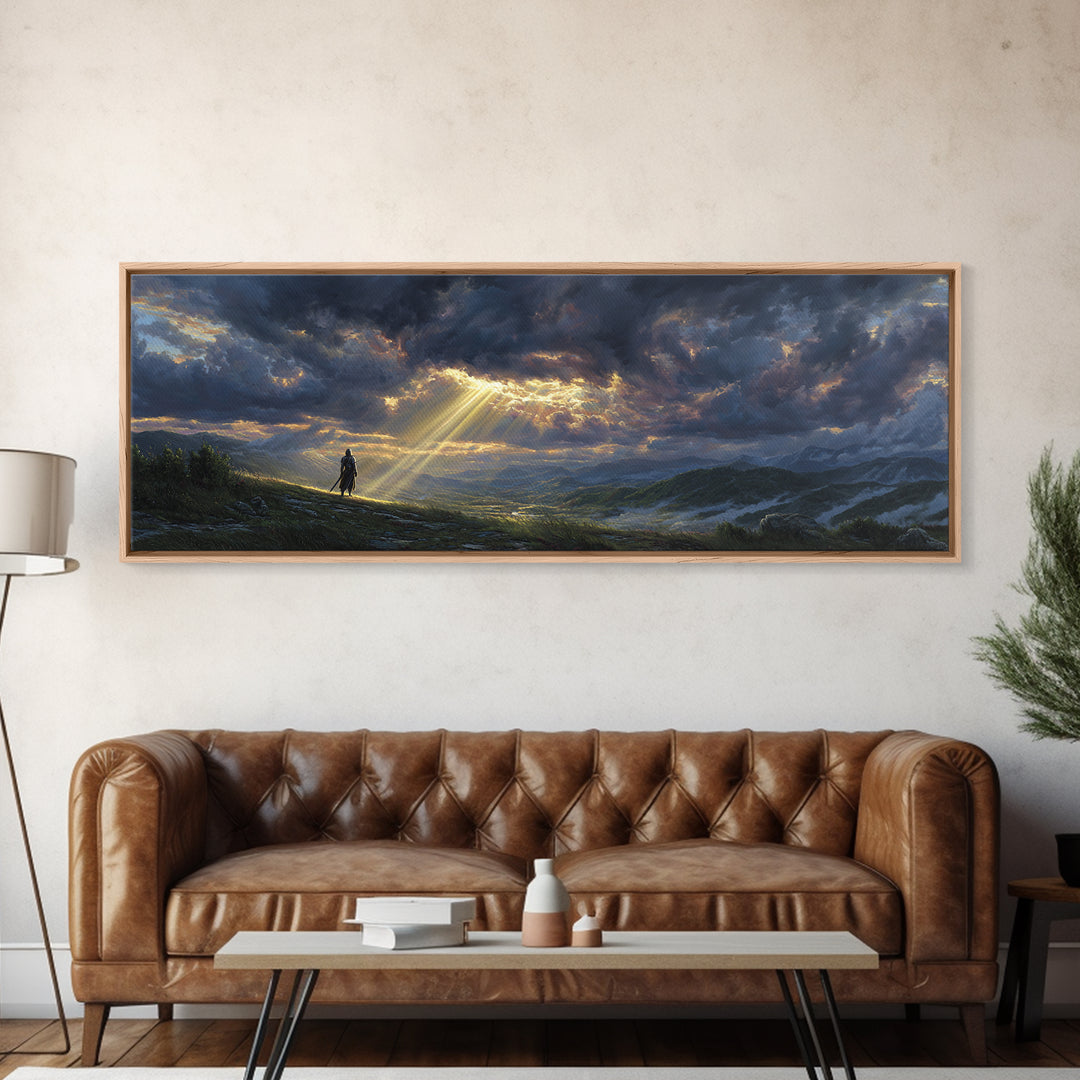 Sunlight Breaking Through Stormy Clouds Over Knight In Vast Landscape Canvas Print Large Wall Art For Moody Home Decor