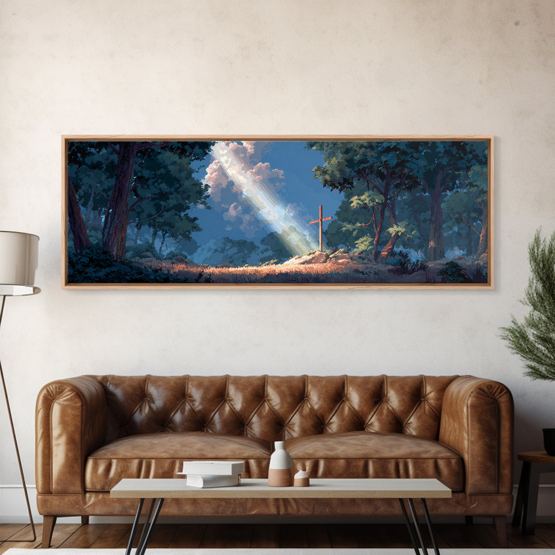 Sun Beam Lighting Cross On Hill With Forest Background Moody Religious Wall Art Canvas Print