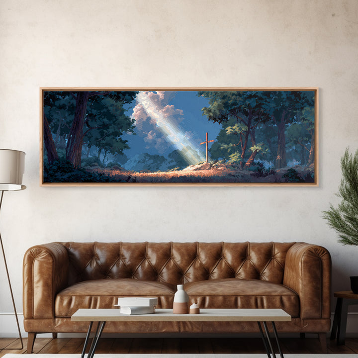 Sun Beam Lighting Cross On Hill With Forest Background Moody Religious Wall Art Canvas Print