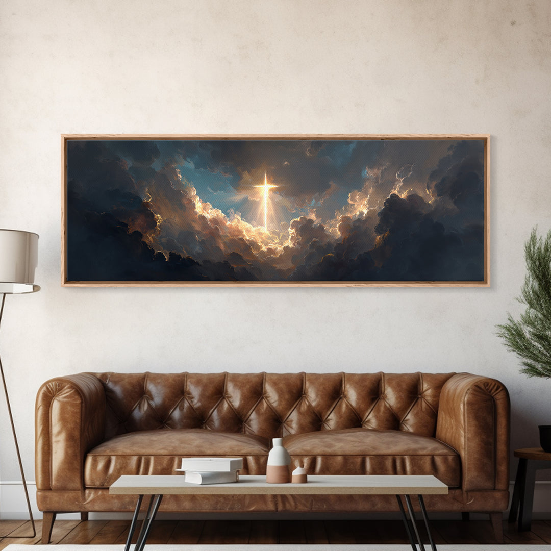 Majestic Gleaming Cross In Clouds Spiritual Religious Wall Art Framed Canvas Print Inspirational Home Decor