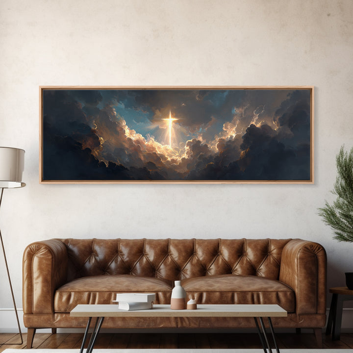 Majestic Gleaming Cross In Clouds Spiritual Religious Wall Art Framed Canvas Print Inspirational Home Decor