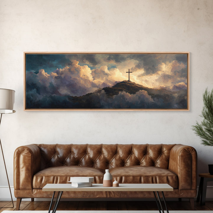 Solitary Cross Atop Mountain Amid Heavenly Clouds Wall Art Large Canvas Print Inspirational Christian Home Decor