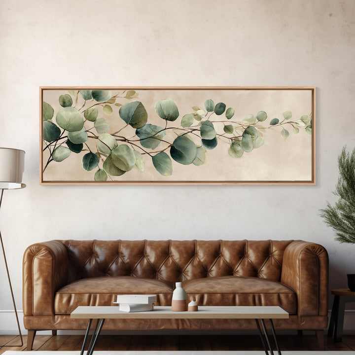 Eucalyptus Branch Botanical Wall Art, Sage Green Neutral Canvas Print, Japandi Living Room Decor, Above Bed Wall Decor, Large Wall Art