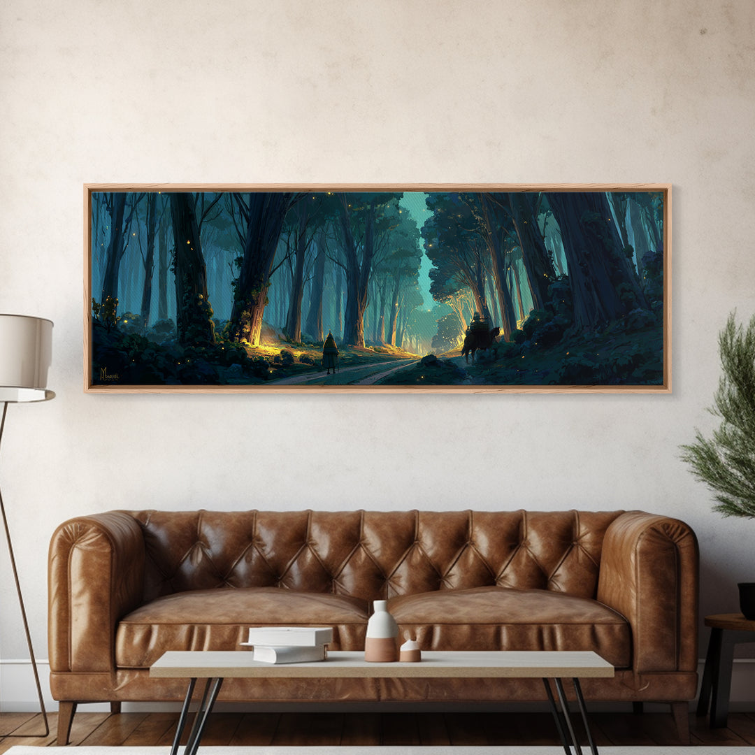 Mystical Enchanted Forest Pathway With Lanterns And Traveler Walking Horse Canvas Print