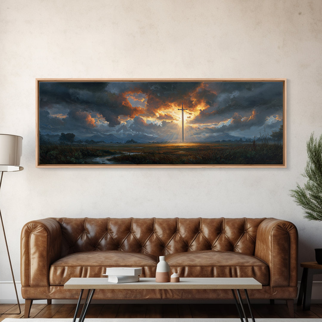Dramatic Sword Light Rays Landscape Oil Painting Wall Art Framed Canvas Print with Realistic Fantasy Scene for Home and Office
