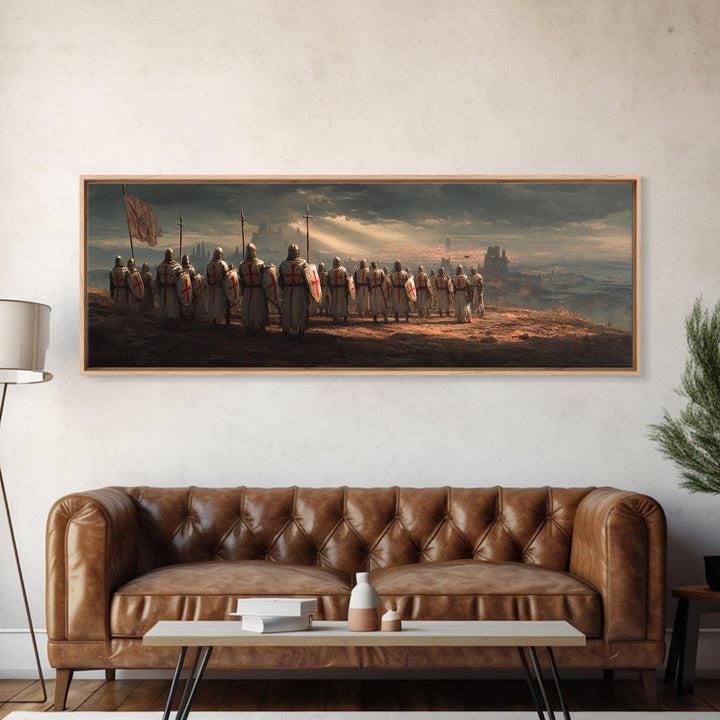 Medieval Knights With Cross Shields In Battlefield At Dusk Wall Art Framed Canvas Print For Living Room Decor
