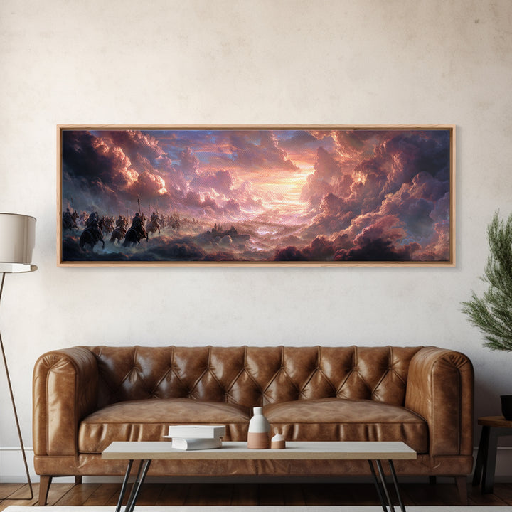 Epic Fantasy Army Charging Through Dramatic Clouds At Sunset Colorful Landscape Wall Art Framed Canvas Print