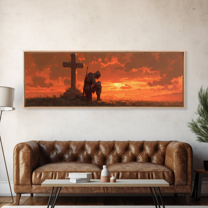 Knight In Armor Kneeling At Cross Dramatic Sunset Religious Framed Canvas Print Wall Art For Home