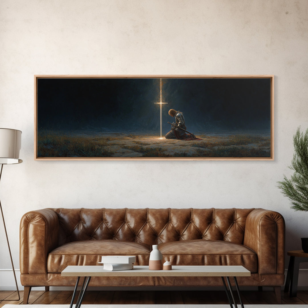Medieval Knight Kneeling In Prayer Before Glowing Cross Fantasy Wall Art Framed Canvas Print Historic Decor
