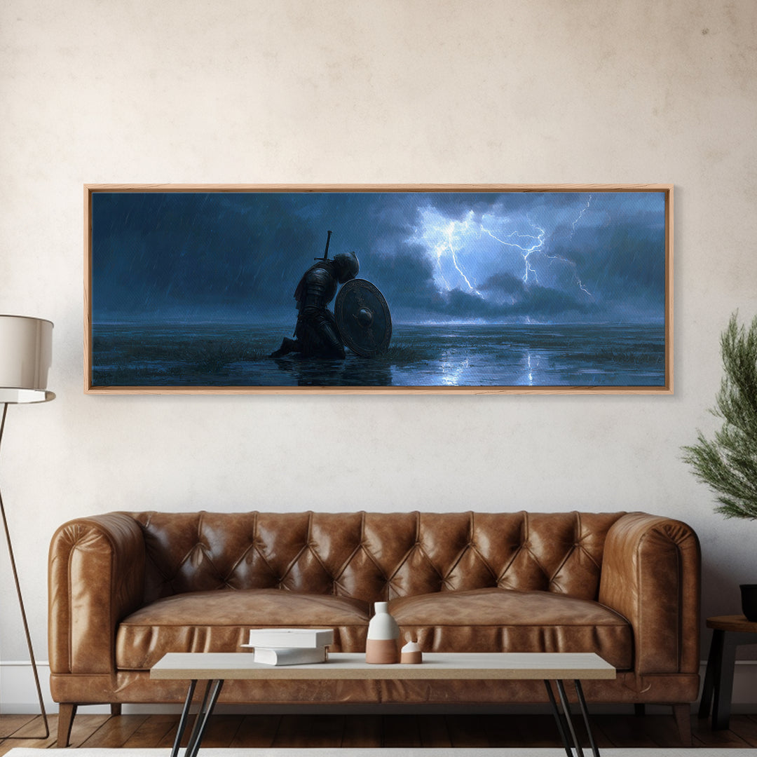 Medieval Knight Kneeling In Rain With Shield Lighting Stormy Sky - Canvas Print, Wall Art For Living Room, Office Decor, Gift For Him