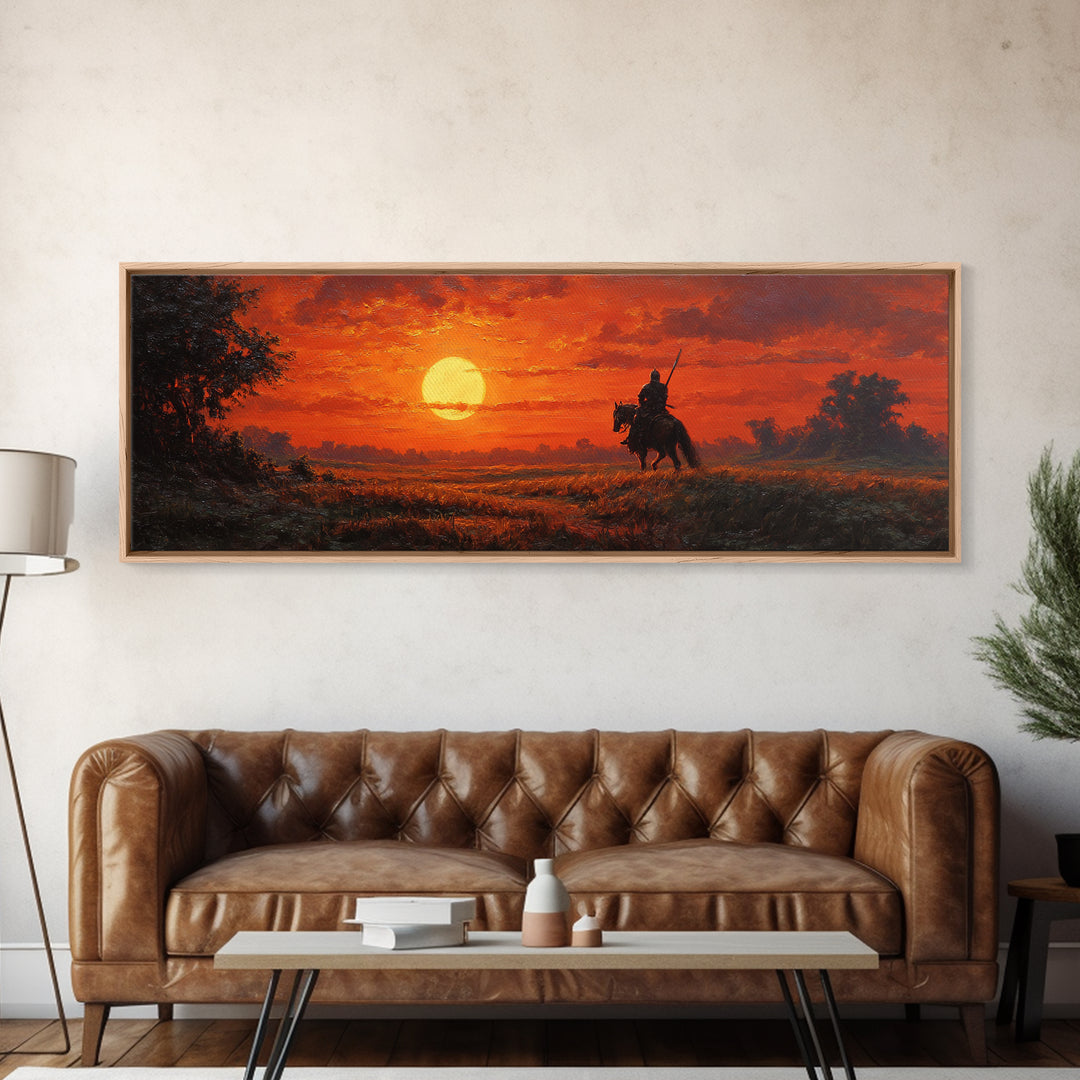 Sunset Scene Painting Of Knight On Horseback In Golden Field Stunning Orange Sky Wall Art