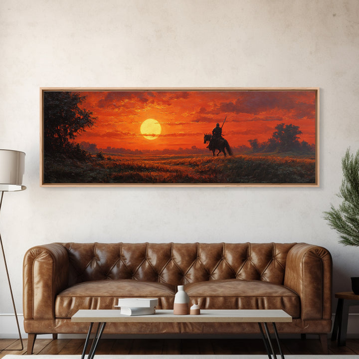 Sunset Scene Painting Of Knight On Horseback In Golden Field Stunning Orange Sky Wall Art