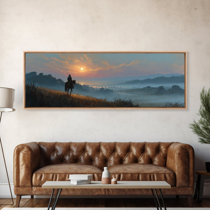Knight On Horseback Overlooking Serene Valley At Sunset Landscape Wall Art Canvas Print For Calming Decor