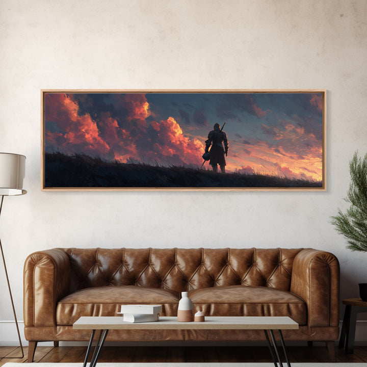 Medieval Knight Standing Against Dramatic Sunset Sky - Inspirational Wall Art Canvas Print For Bedroom And Office Decor