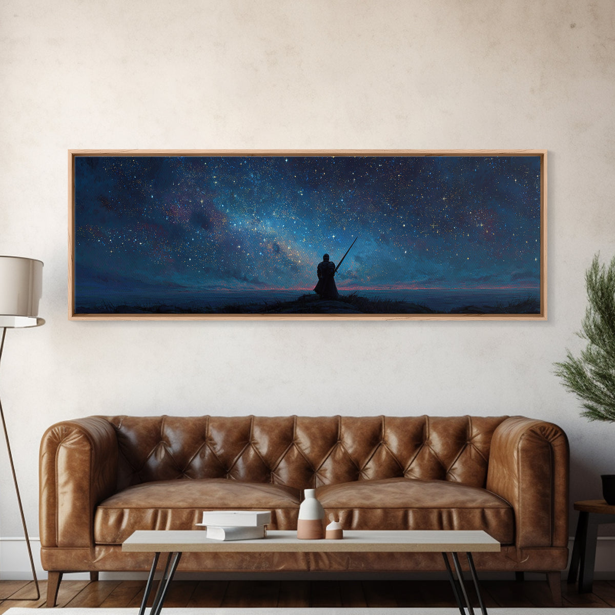 Magical Knight In Armor Under Starry Sky Night Landscape Wall Art Framed Canvas Print For Fantasy Decor