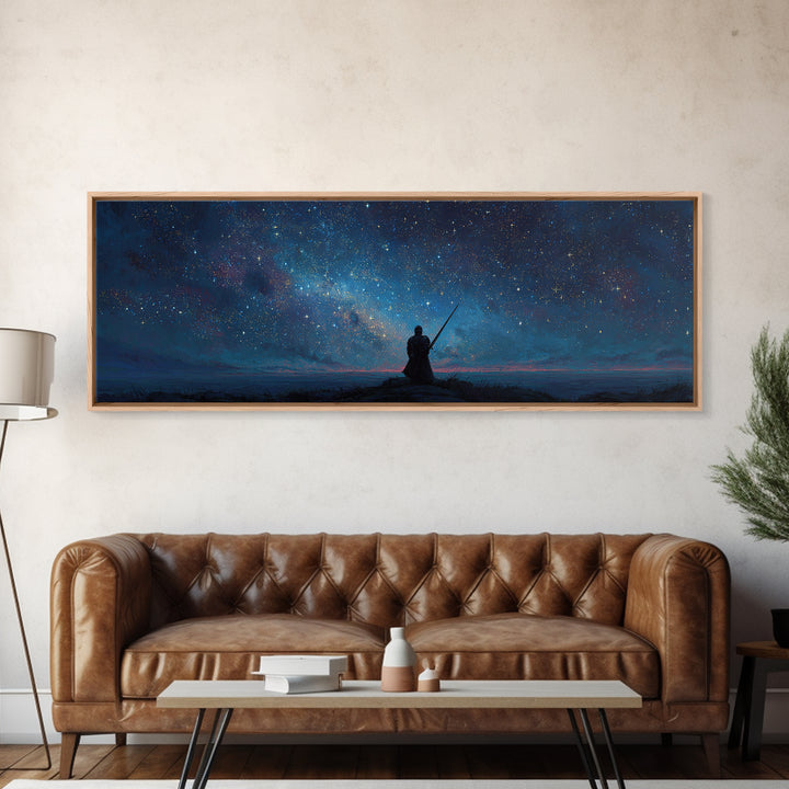 Magical Knight In Armor Under Starry Sky Night Landscape Wall Art Framed Canvas Print For Fantasy Decor