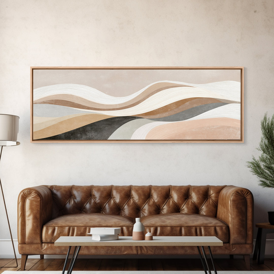 Layered Neutral Abstract Wall Art, Wavy Beige Canvas Print, Mid Century Modern Living Room Decor, Long Horizontal Art Print