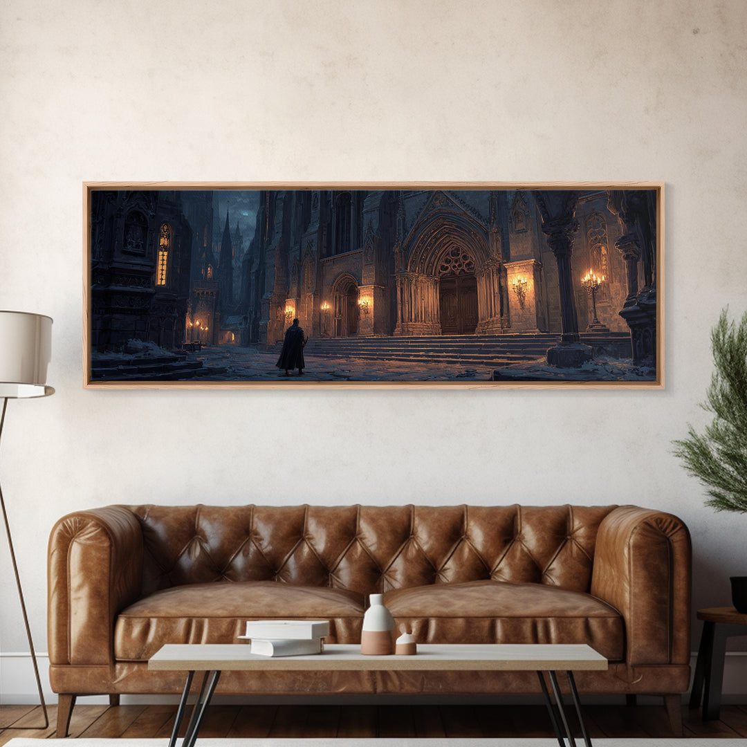 Dark Gothic Cathedral In Snow Framed Canvas Print, Moody Wall Art, Medieval Architecture Decor, Fantasy Cityscape Art Print