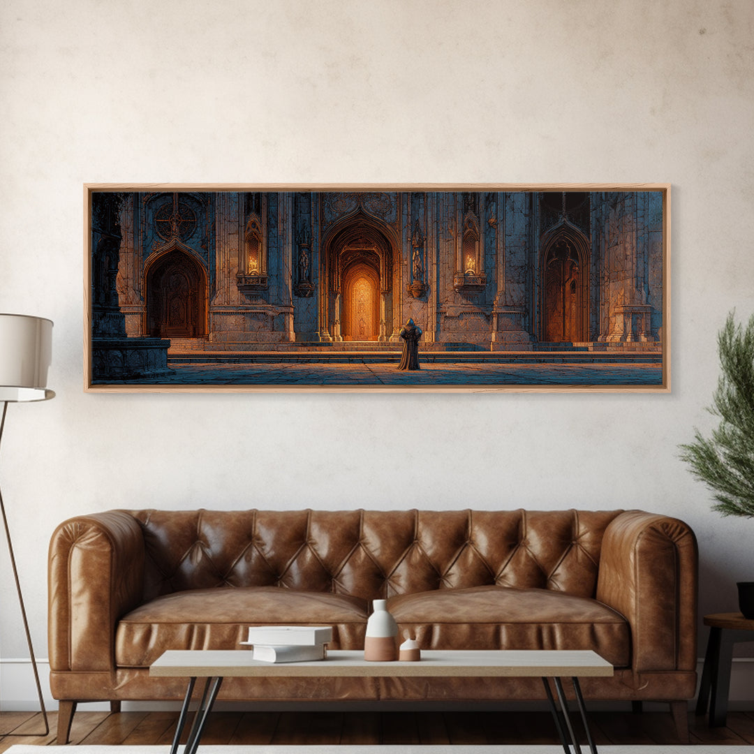 Medieval Knight Standing Before Illuminated Gothic Cathedral Entrance Wall Art Framed Canvas Print
